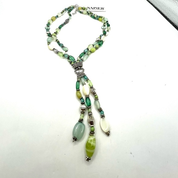 Napier Silver Tone Beaded Necklace Blue Green White Beads Lariat Style Necklace - Picture 7 of 11